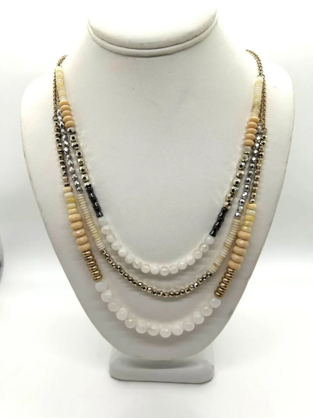 Vintage 3 Strand Layered Beaded Necklace White Tan Gold Tone Chic Boho